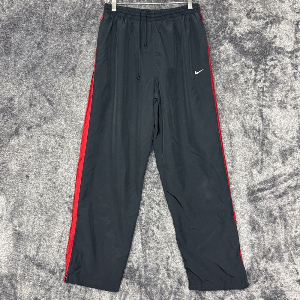 Vintage Nike Baggy Track Pants Black Red Stripe Ankle Zip Mesh Lined Large Y2K